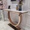 KONSOLA RING na dostojnej, okrągłej podstawie w kolorze różowego złota, blat z konglomeratu marmurowego, glamour - 120 cm