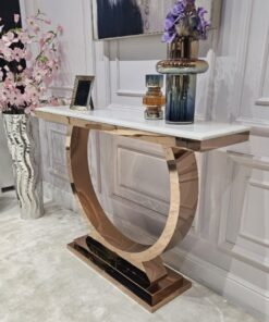 KONSOLA RING na dostojnej, okrągłej podstawie w kolorze różowego złota, blat z konglomeratu marmurowego, glamour - 120 cm
