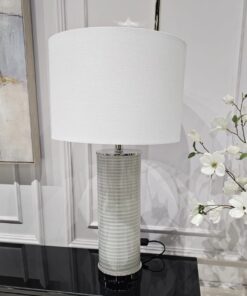 LAMPA STOŁOWA szklana podstawa, biały abażur, srebrne elementy, nowoczesny styl, piękna