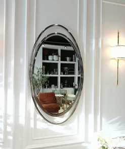 LUSTRO ŚCIENNE Aurelia Oval w owalnej srebrnej, błyszczącej ramie ze stali nierdzewnej, designerski styl, piękne