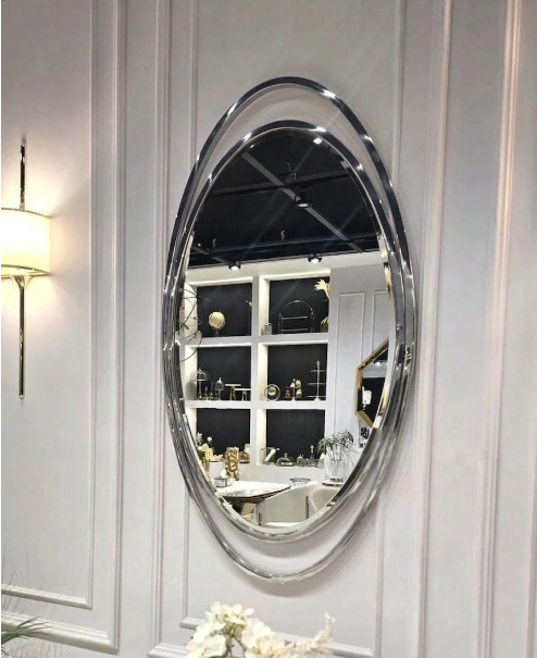 LUSTRO ŚCIENNE Aurelia Oval w owalnej srebrnej, błyszczącej ramie ze stali nierdzewnej, designerski styl