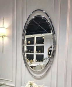 LUSTRO ŚCIENNE Aurelia Oval w owalnej srebrnej, błyszczącej ramie ze stali nierdzewnej, designerski styl