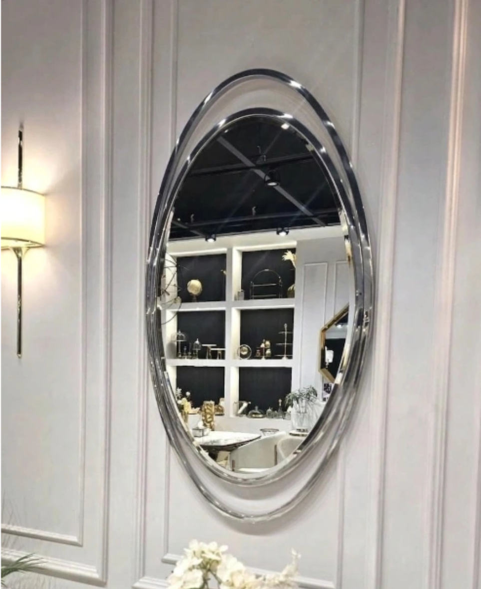 LUSTRO ŚCIENNE Aurelia Oval w owalnej srebrnej, błyszczącej ramie ze stali nierdzewnej, designerski styl