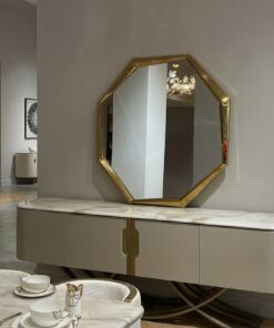 LUSTRO ŚCIENNE w kształcie oktagonu, złota błyszcząca rama ze stali nierdzewnej, nowoczesny styl