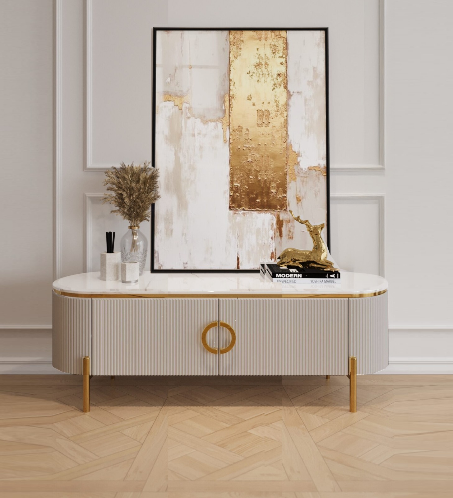 SZAFKA RTV Anne Cashmir owalna, kaszmirowy, ryflowany korpus, pojemna szafka, złote błyszczące metalowe detale, nowoczesny styl