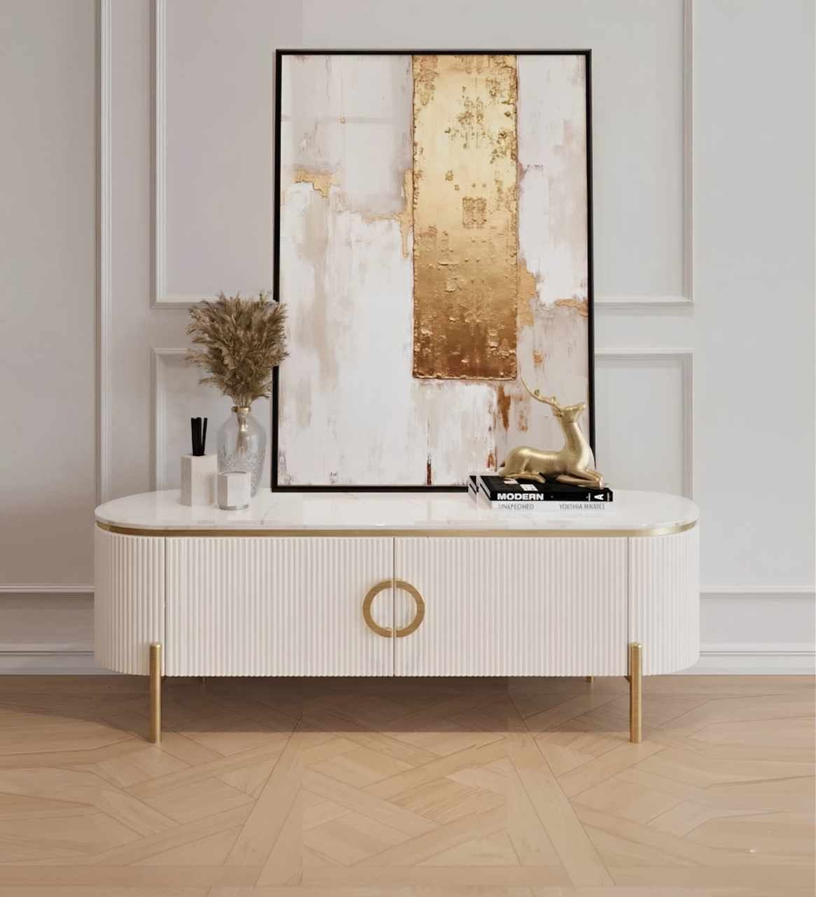 SZAFKA RTV Anne Fosco owalna, biała, ryflowana, 1 para drzwi, złote szczotkowane elementy, blat z konglomeratu marmurowego