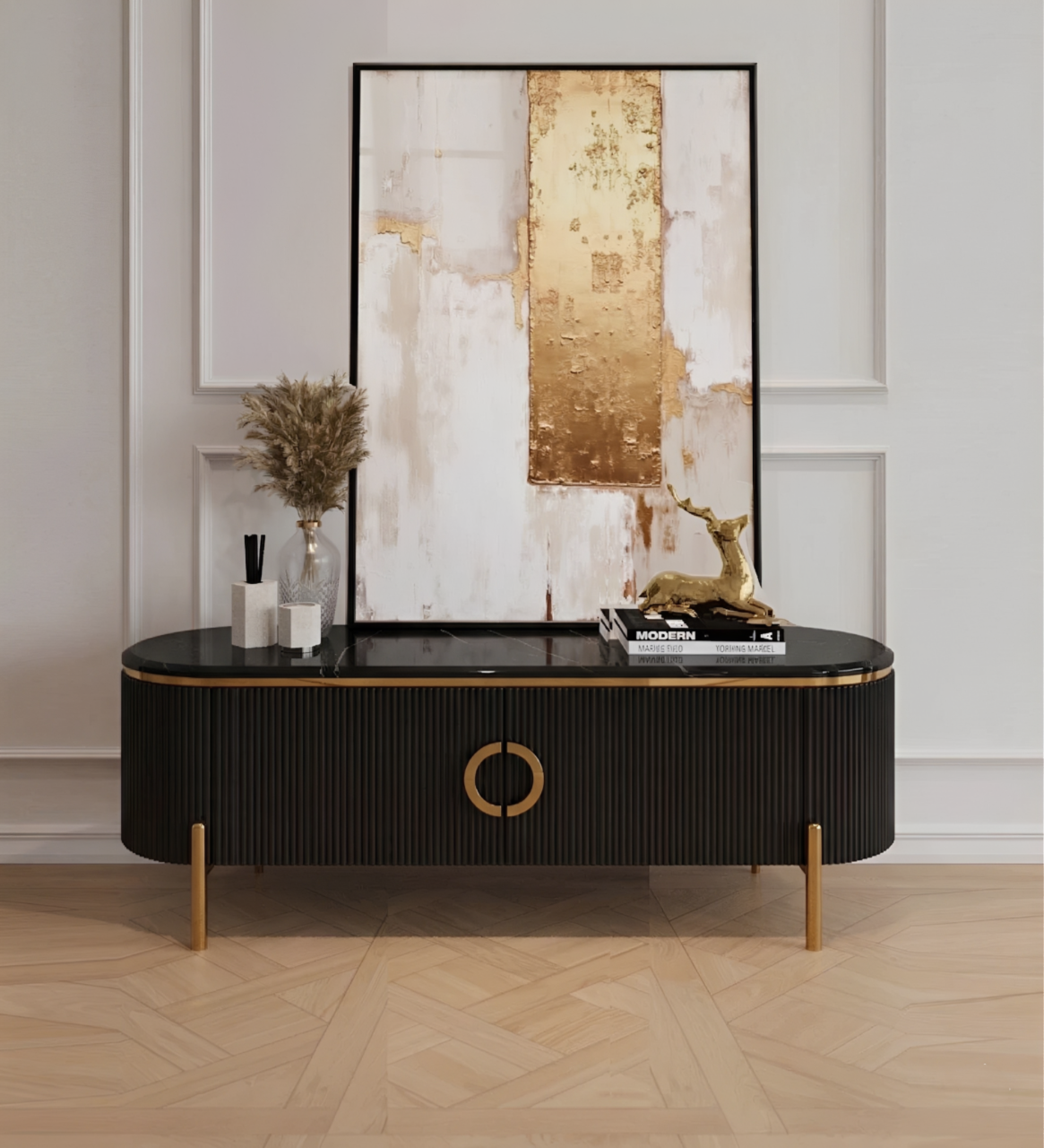 SZAFKA RTV Anne Nero owalna, czarna, ryflowana, 1 para drzwi, złote błyszczące elementy, blat z konglomeratu marmurowego
