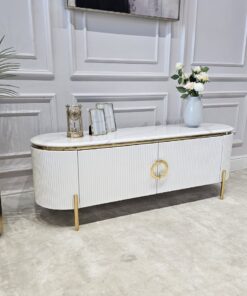 SZAFKA RTV Anne owalna, biała, ryflowana, 1 para drzwi, złote błyszczące elementy, blat z konglomeratu marmurowego, ekskluzywna