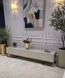 SZAFKA RTV Espiro kaszmirowa, prostokątna złote, metalowe dodatki, styl glamour, nowoczesny, ekskluzywna