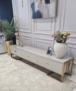 SZAFKA RTV Espiro kaszmirowa, prostokątna złote, metalowe dodatki, styl glamour, nowoczesny