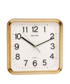 ZEGAR ŚCIENNY kwadratowy w złotej ramie, biała tarcz z czarnymi, trójwymiarowymi cyframi, nowoczesny styl