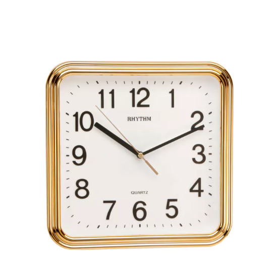 ZEGAR ŚCIENNY kwadratowy w złotej ramie, biała tarcz z czarnymi, trójwymiarowymi cyframi, nowoczesny styl