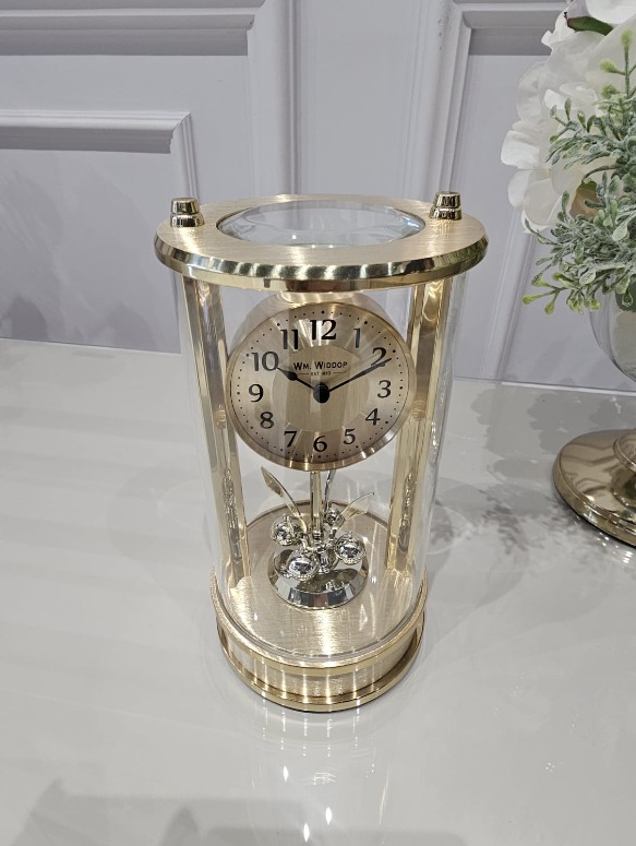 ZEGAR STOJĄCY złoty, okrągły, dekoracyjne wahadło pod tarczą, klasyczny styl, piękny