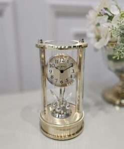 ZEGAR STOJĄCY złoty, okrągły, dekoracyjne wahadło pod tarczą, klasyczny styl