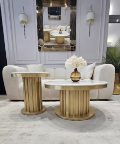 ZESTAW STOLIKÓW Riviera 2w1 złota szczotkowana, designerska podstawa, biały blat z konglomeratu, nowoczesny styl
