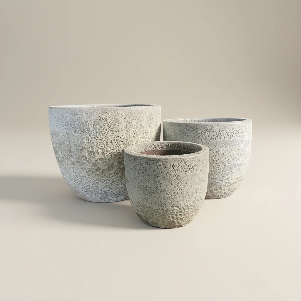 DONICA ceramiczna z efektem kamienia, mrozoodporna, okrągła, zwężana ku dołowi, biała, nowoczesny styl