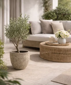 DONICA ceramiczna z efektem kamienia, mrozoodporna, okrągła, zwężana ku dołowi, piaskowa beż, nowoczesny styl, piękna