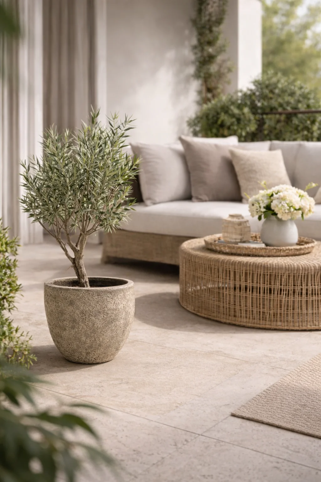 DONICA ceramiczna z efektem kamienia, mrozoodporna, okrągła, zwężana ku dołowi, piaskowa beż, nowoczesny styl, piękna