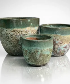 DONICA ceramiczna z efektem kamienia, mrozoodporna, okrągła, zwężana ku dołowi, zielona, nowoczesny styl