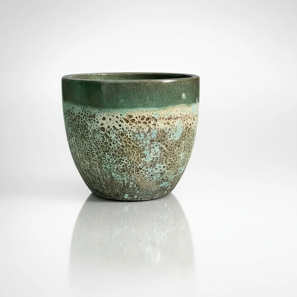 DONICA ceramiczna z efektem kamienia, mrozoodporna, okrągła, zwężana ku dołowi, zielona, nowoczesny styl, ekskluzywna