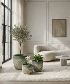 DONICA ceramiczna z efektem kamienia, mrozoodporna, okrągła, zwężana ku dołowi, zielona, nowoczesny styl, piękna