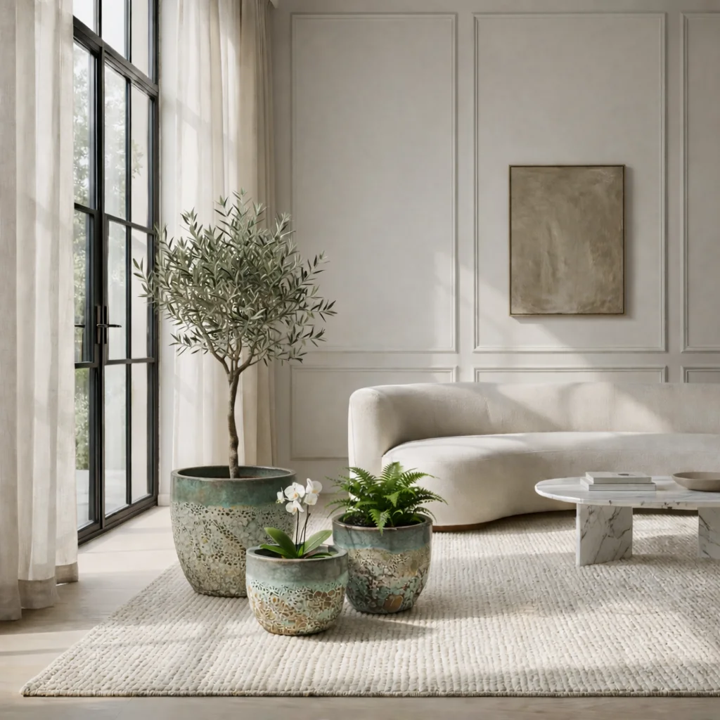 DONICA ceramiczna z efektem kamienia, mrozoodporna, okrągła, zwężana ku dołowi, zielona, nowoczesny styl, piękna