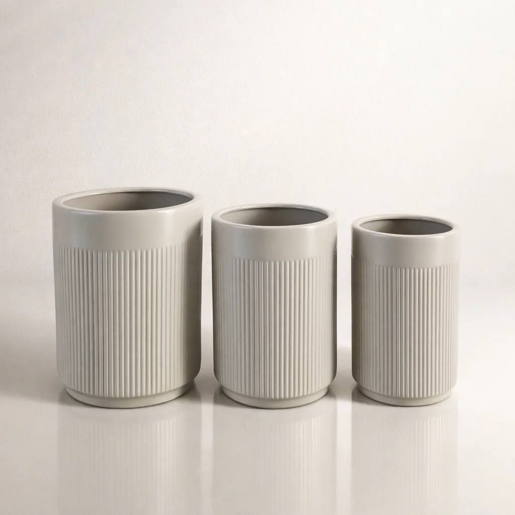 DONICE ceramiczne ryflowane, okrągłe, kaszmirowe, zestaw 3 sztuk, nowoczesne