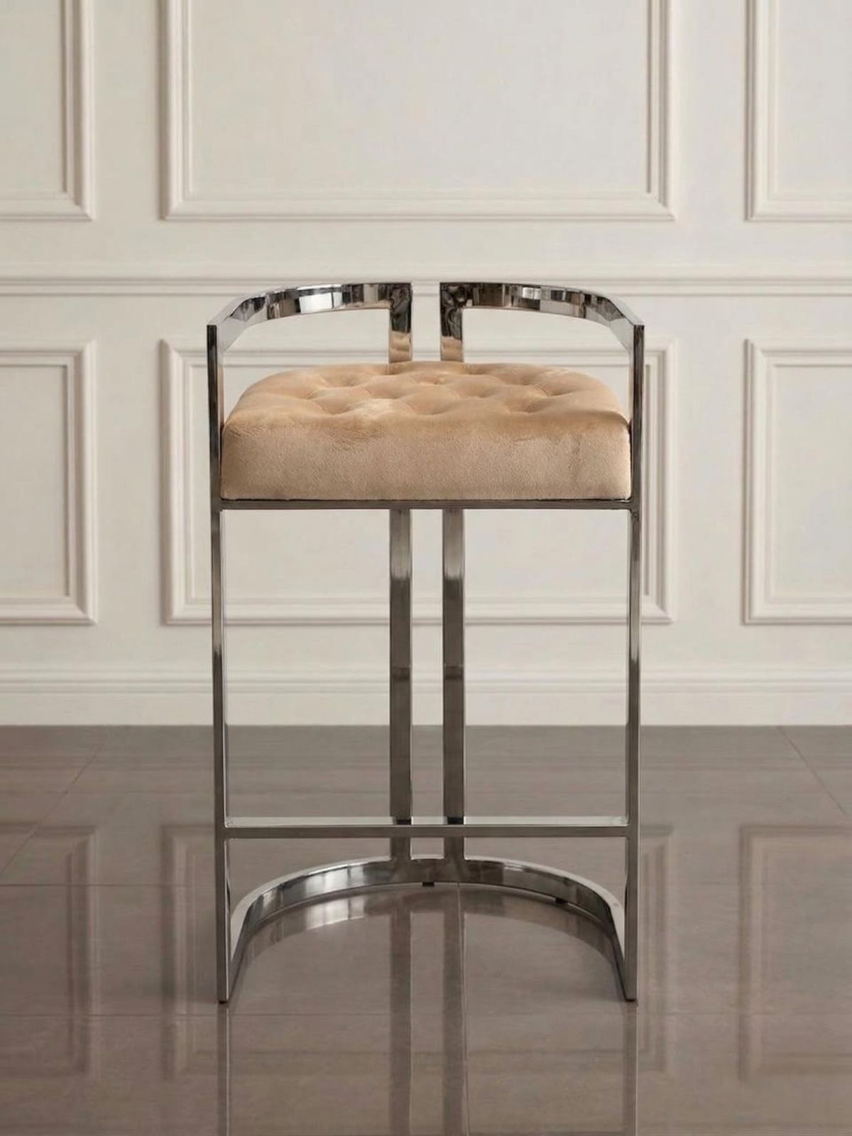 HOKER krzesło barowe na srebrnej, metalowej podstawie, pikowane, tapicerowane siedzisko, nowoczesne, kawowy, piękny