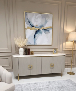 KOMODA Anne Cashmir Fosco ryflowana, 2 pary drzwi, złote szczotkowane elementy, blat z konglomeratu marmurowego - 180 cm