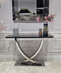 KONSOLA Nexus na srebrnym stelażu w kształcie X, prostokątny, czarny blat z konglomeratu marmurowego, nowoczesny glamour, premium