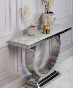 KONSOLA RING na srebrnej, błyszczącej dostojnej, okrągłej podstawie, wysoki połysk, blat z konglomeratu marmurowego, glamour - 140 cm