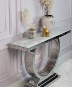 KONSOLA RING na srebrnej, błyszczącej dostojnej, okrągłej podstawie, wysoki połysk, blat z konglomeratu marmurowego, glamour - 140 cm