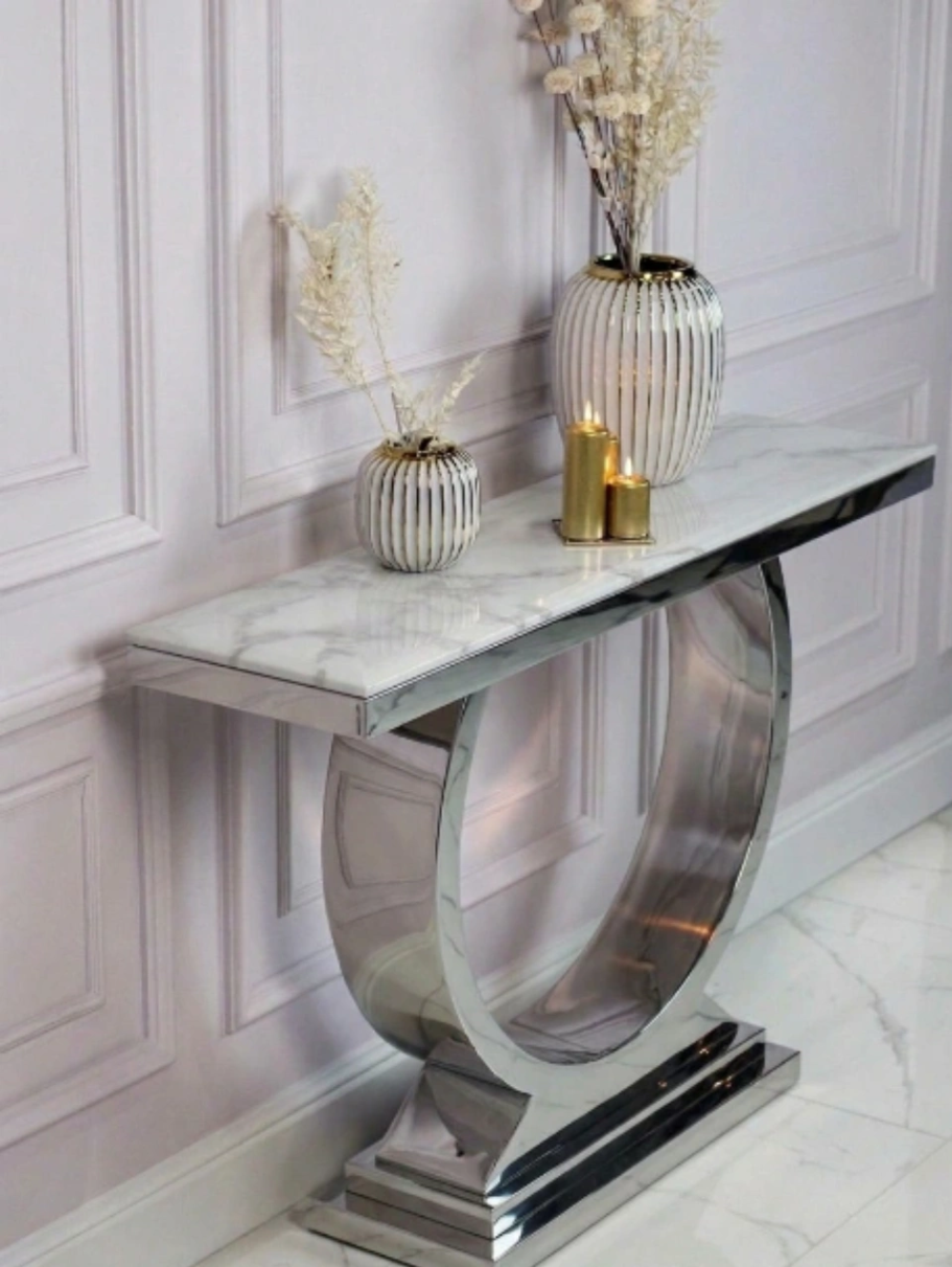 KONSOLA RING na srebrnej, błyszczącej dostojnej, okrągłej podstawie, wysoki połysk, blat z konglomeratu marmurowego, glamour - 140 cm