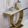 KONSOLA RING na złotej, szczotkowanej dostojnej, okrągłej podstawie, wysoki połysk, blat z konglomeratu marmurowego, glamour – 140 cm
