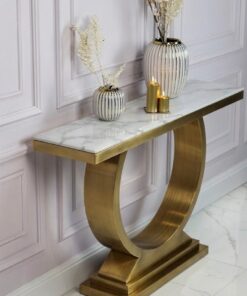 KONSOLA RING na złotej, szczotkowanej dostojnej, okrągłej podstawie, wysoki połysk, blat z konglomeratu marmurowego, glamour – 140 cm