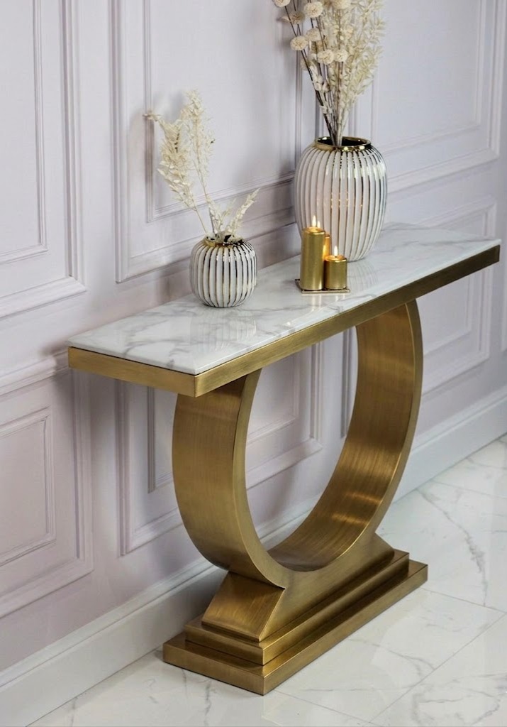 KONSOLA RING na złotej, szczotkowanej dostojnej, okrągłej podstawie, wysoki połysk, blat z konglomeratu marmurowego, glamour – 140 cm