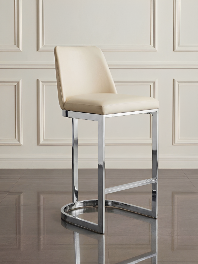 KRZESŁO barowe tapicerowane kremowa skóra srebrne nogi styl glamour