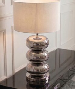 LAMPA STOŁOWA z chromowaną, metalową podstawą w formie kulistych segmentów, materiałowy, okrągły abażur