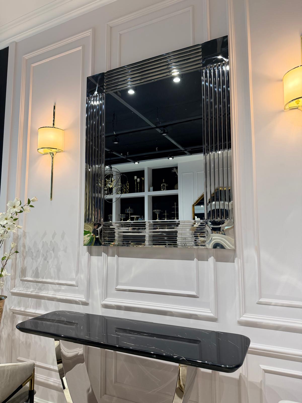 LUSTRO ŚCIENNE prostokątne Majesty w srebrnej ramie ze stali nierdzewnej, ciężkie i bardzo eleganckie, ekskluzywne