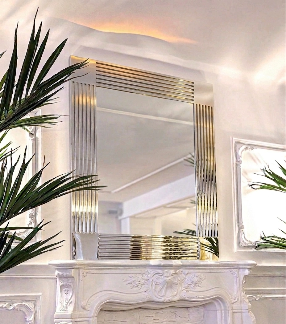 LUSTRO ŚCIENNE prostokątne Majesty w srebrnej ramie ze stali nierdzewnej, ciężkie i bardzo eleganckie