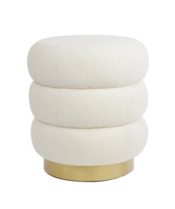 PUF Kimi okrągły na złotej, metalowej podstawie, biała tkanina typu boucle, poziome przeszycia, designerski styl