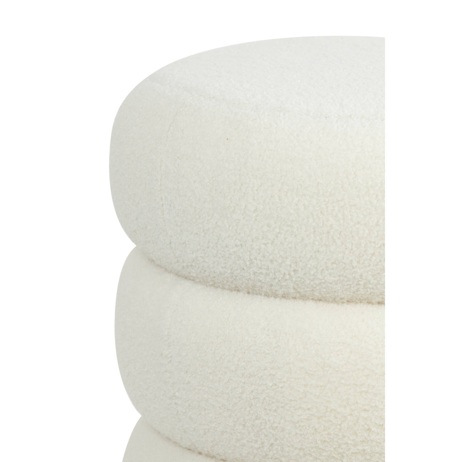 PUF Kimi okrągły na złotej, metalowej podstawie, biała tkanina typu boucle, poziome przeszycia, designerski styl, ekskluzywny