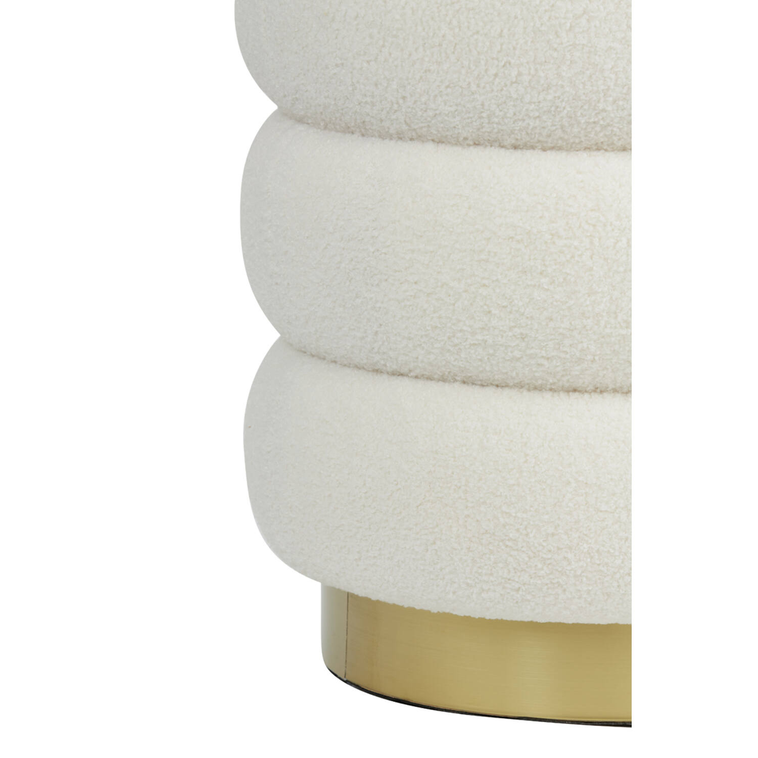 PUF Kimi okrągły na złotej, metalowej podstawie, biała tkanina typu boucle, poziome przeszycia, designerski styl, premium