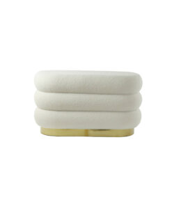 PUF Lyall podłużny na złotej, metalowej podstawie, kremowa tkanina typu boucle, poziome przeszycia, designerski styl