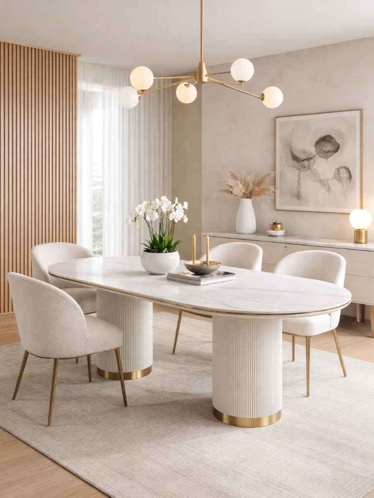 STÓŁ JADALNIANY w kolorze białego ecru, nogi w kształcie walca, z pionowym ryflowaniem, owalny blat z marmuru syntetycznego, do jadalni