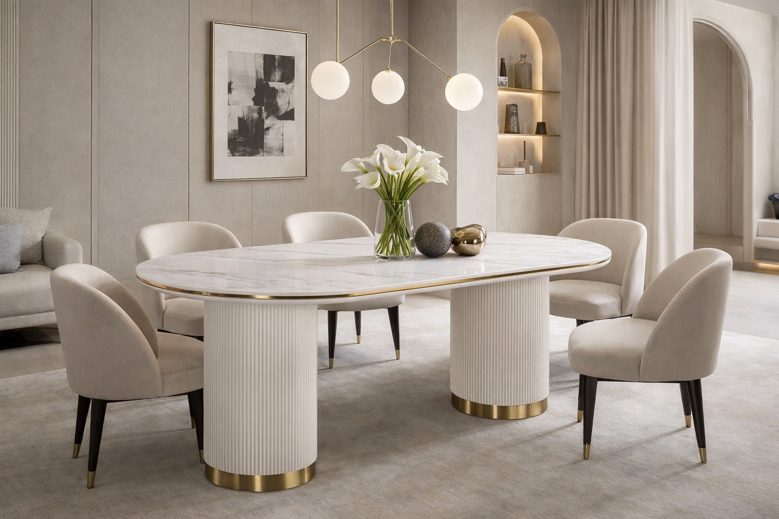 STÓŁ JADALNIANY w kolorze białego ecru, nogi w kształcie walca, z pionowym ryflowaniem, owalny blat z marmuru syntetycznego, do salonu