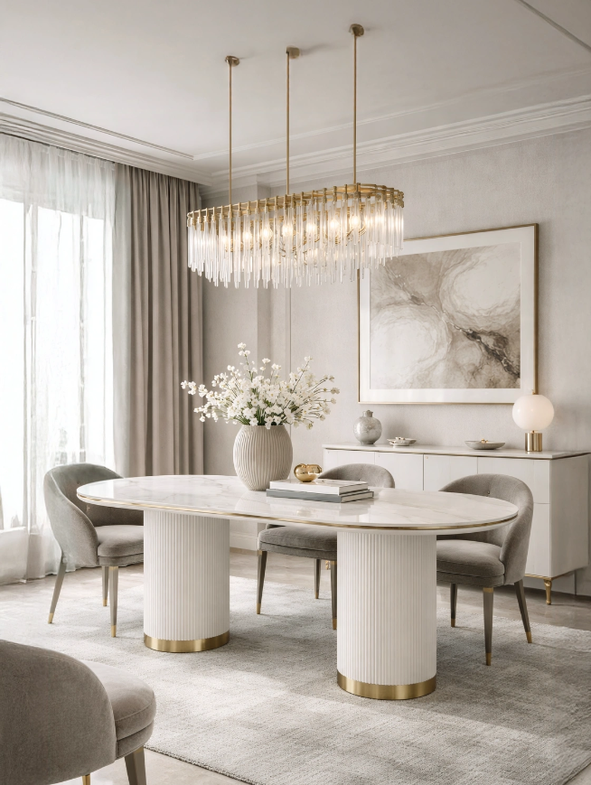 STÓŁ JADALNIANY w kolorze białego ecru, nogi w kształcie walca, z pionowym ryflowaniem, owalny blat z marmuru syntetycznego ekskluzywny