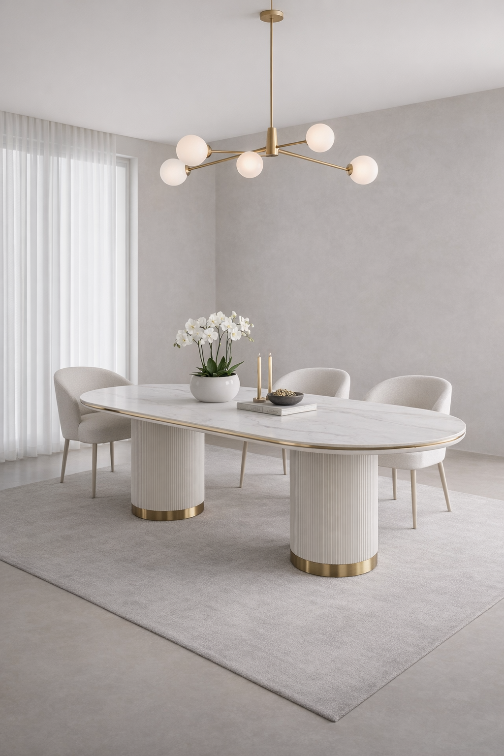 STÓŁ JADALNIANY w kolorze białego ecru, nogi w kształcie walca, z pionowym ryflowaniem, owalny blat z marmuru syntetycznego, najwyższa jakość