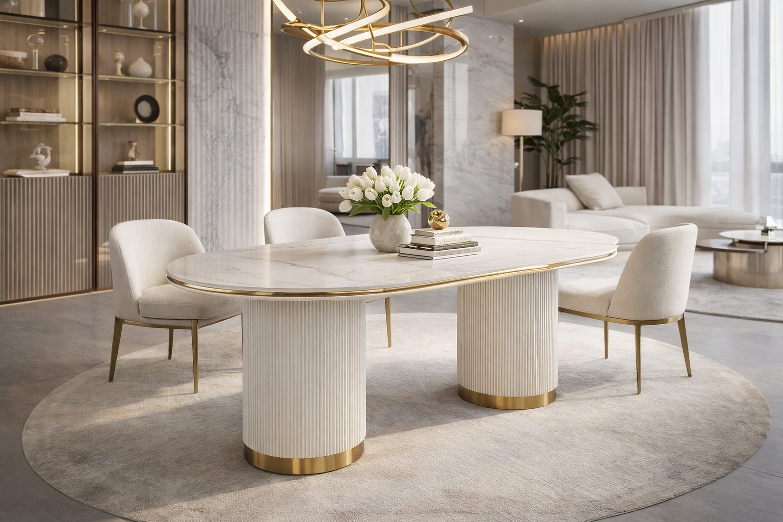 STÓŁ JADALNIANY w kolorze białego ecru, nogi w kształcie walca, z pionowym ryflowaniem, owalny blat z marmuru syntetycznego, premium