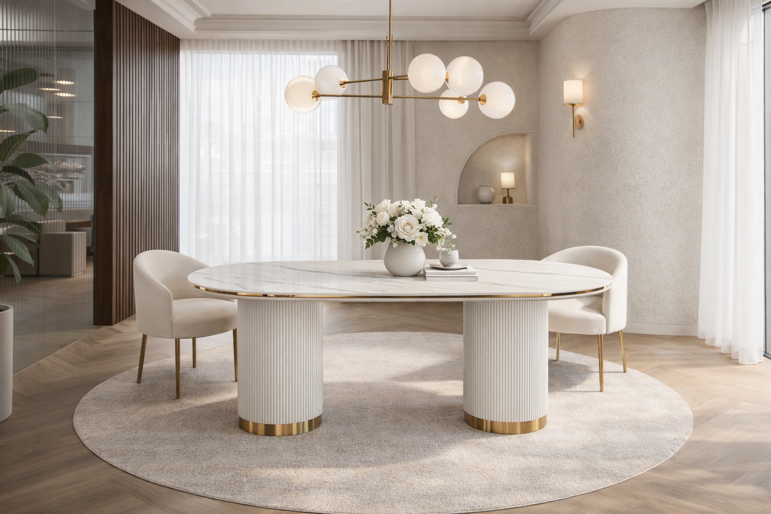 STÓŁ JADALNIANY w kolorze białego ecru, nogi w kształcie walca, z pionowym ryflowaniem, owalny blat z marmuru syntetycznego, wyrafinowany